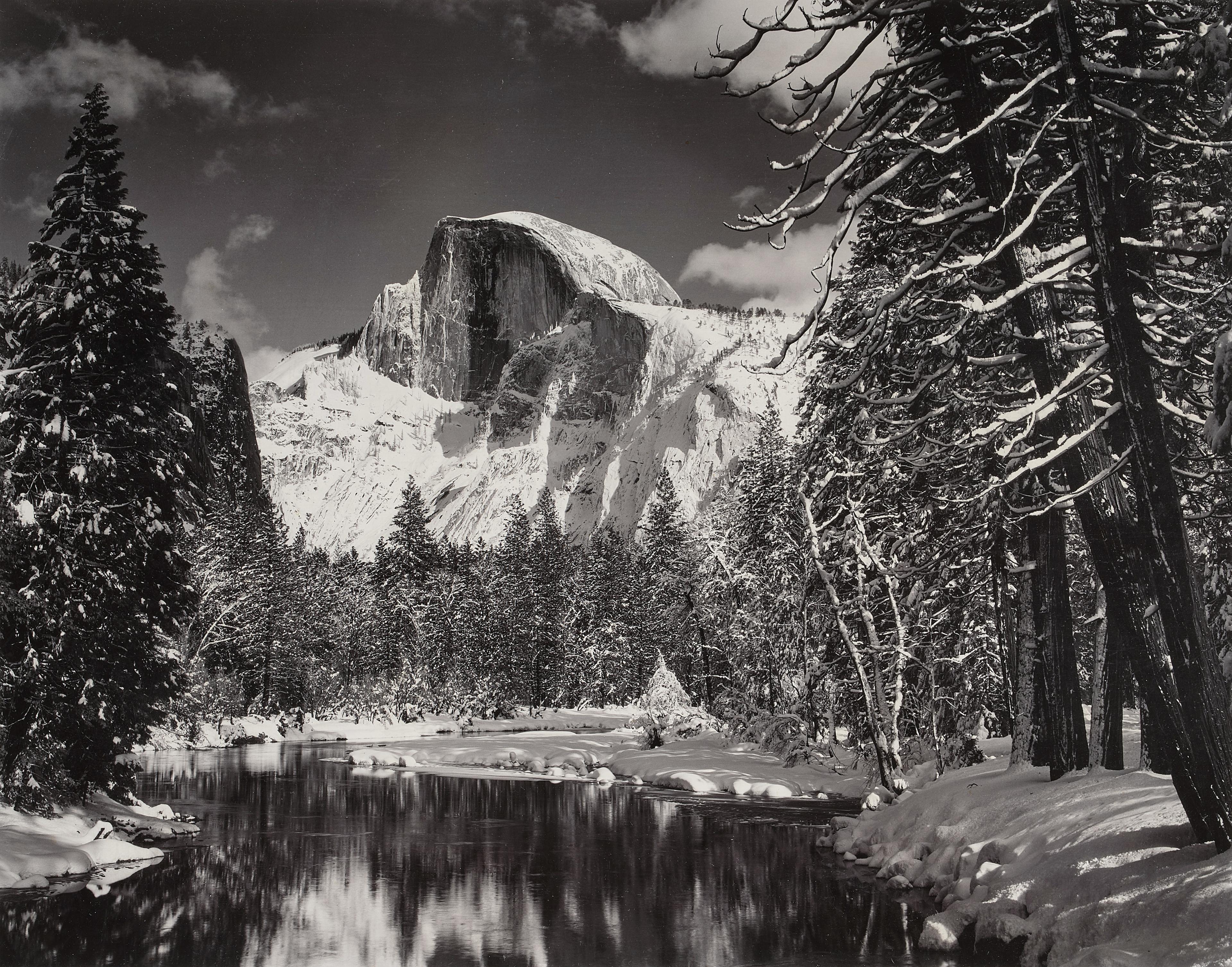 Ansel Adams photograph, landscape mural of mountains trees and river 